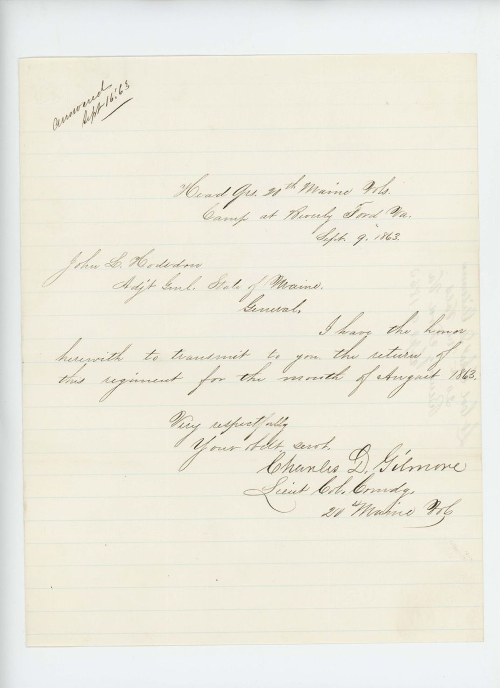Miniature of Lieutenant Colonel Charles Gilmore sends August 1863 regimental return