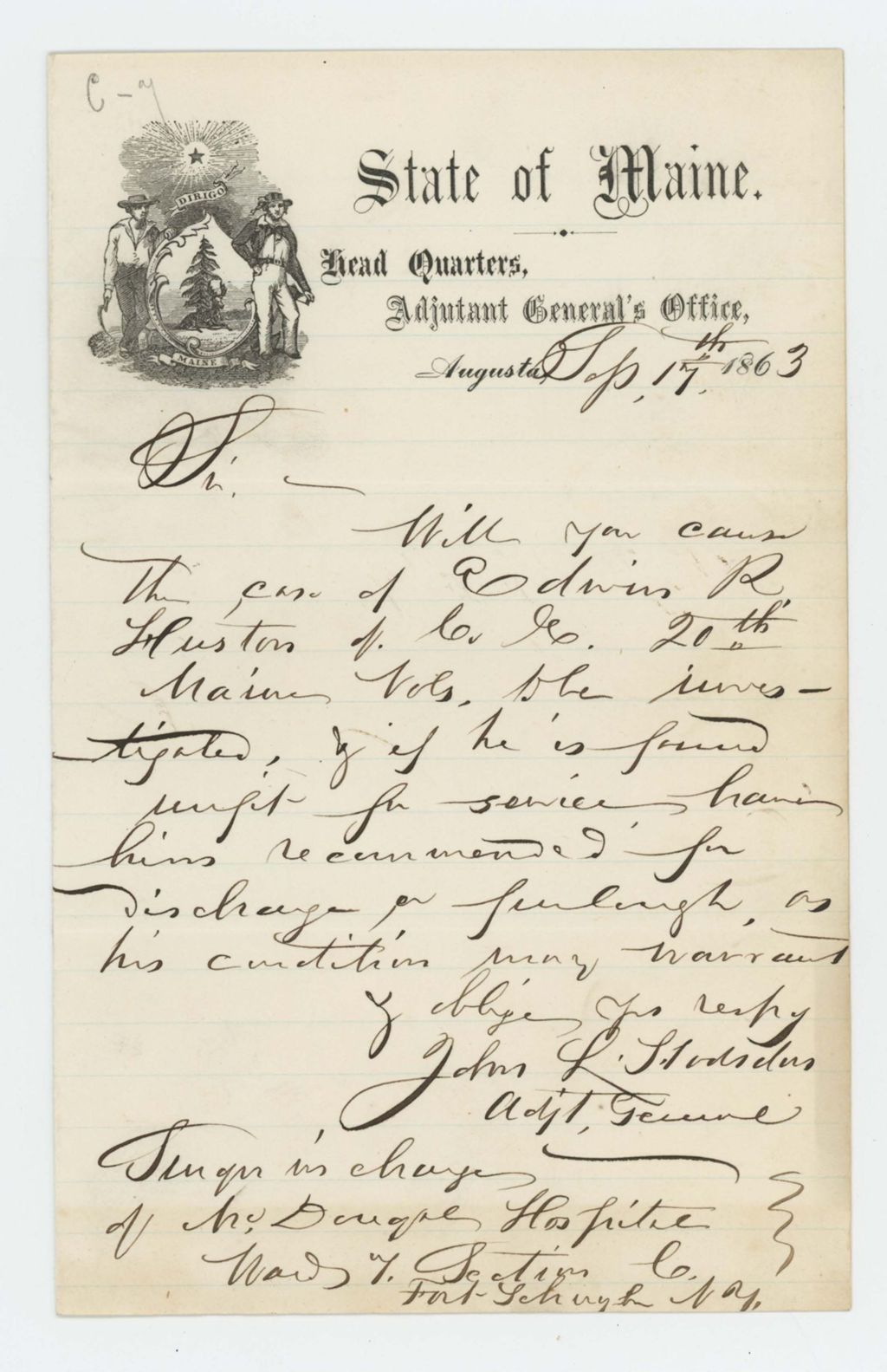 Miniature of Adjutant General Hodsdon writes surgeon at McDougal Hospital in New York inquiring about Edwin R. Huston
