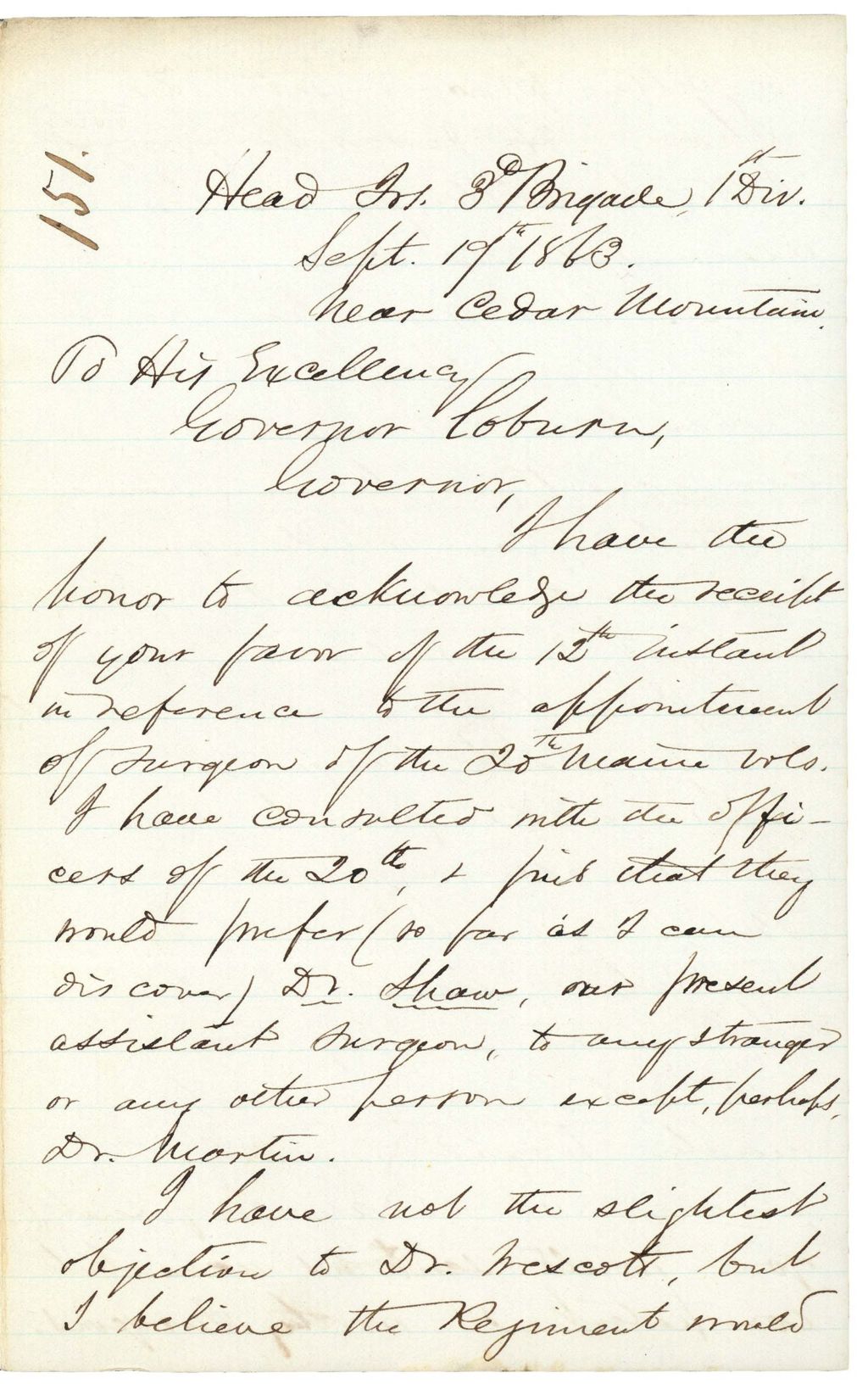 Miniature of Chamberlain writes to Gov. Coburn regarding candidates for surgeon