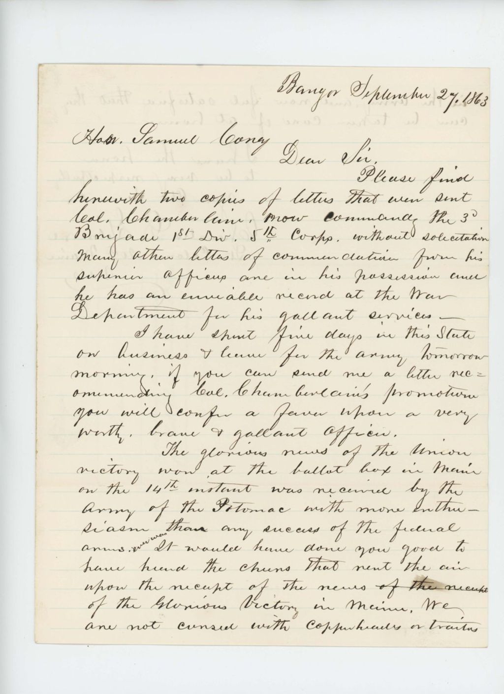 Miniature of Lieutenant Colonel Charles Gilmore encloses recommendations for Colonel Joshua Chamberlain