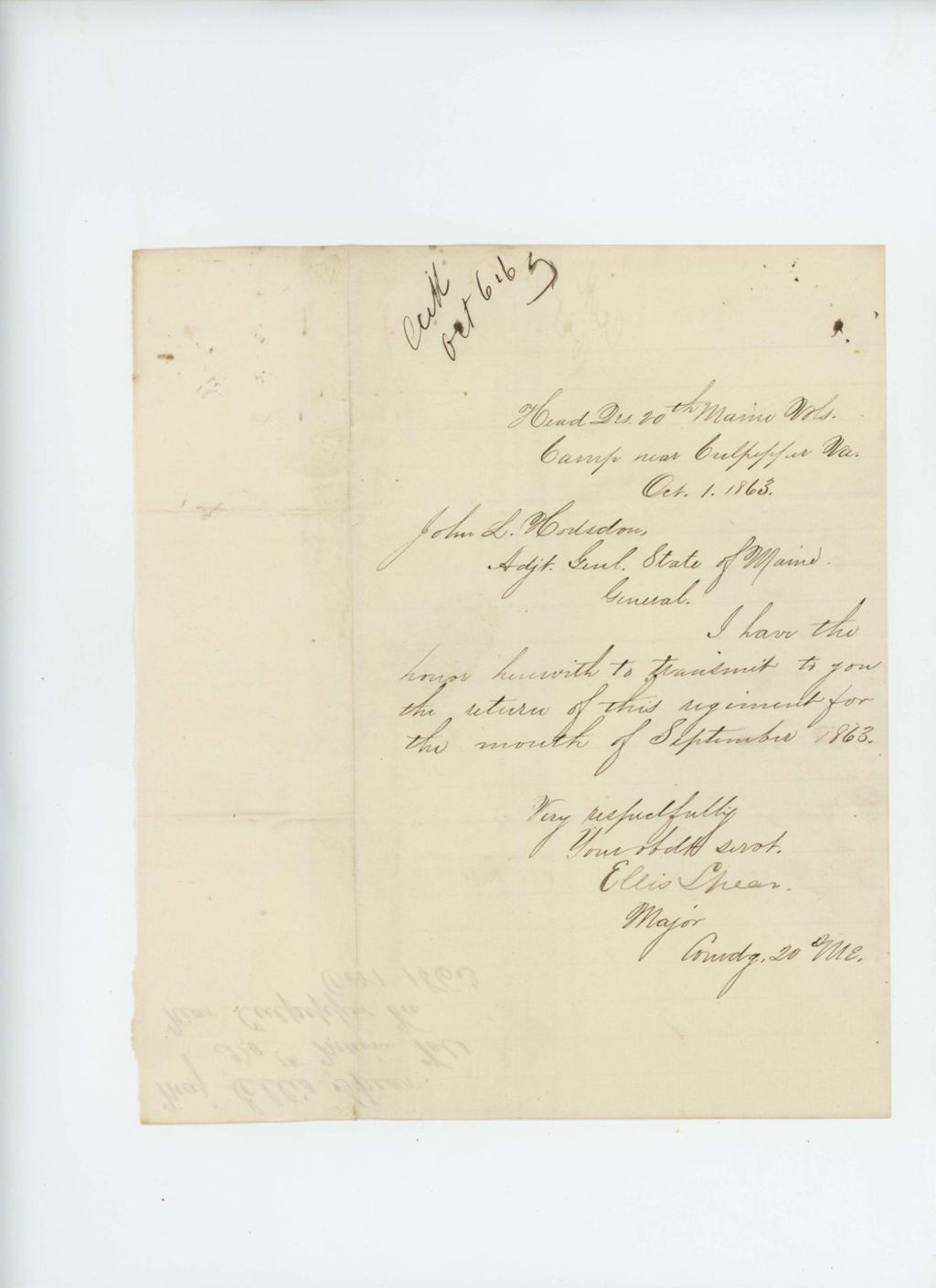 Miniature of Major Ellis Spear transmits the September 1863 regimental return