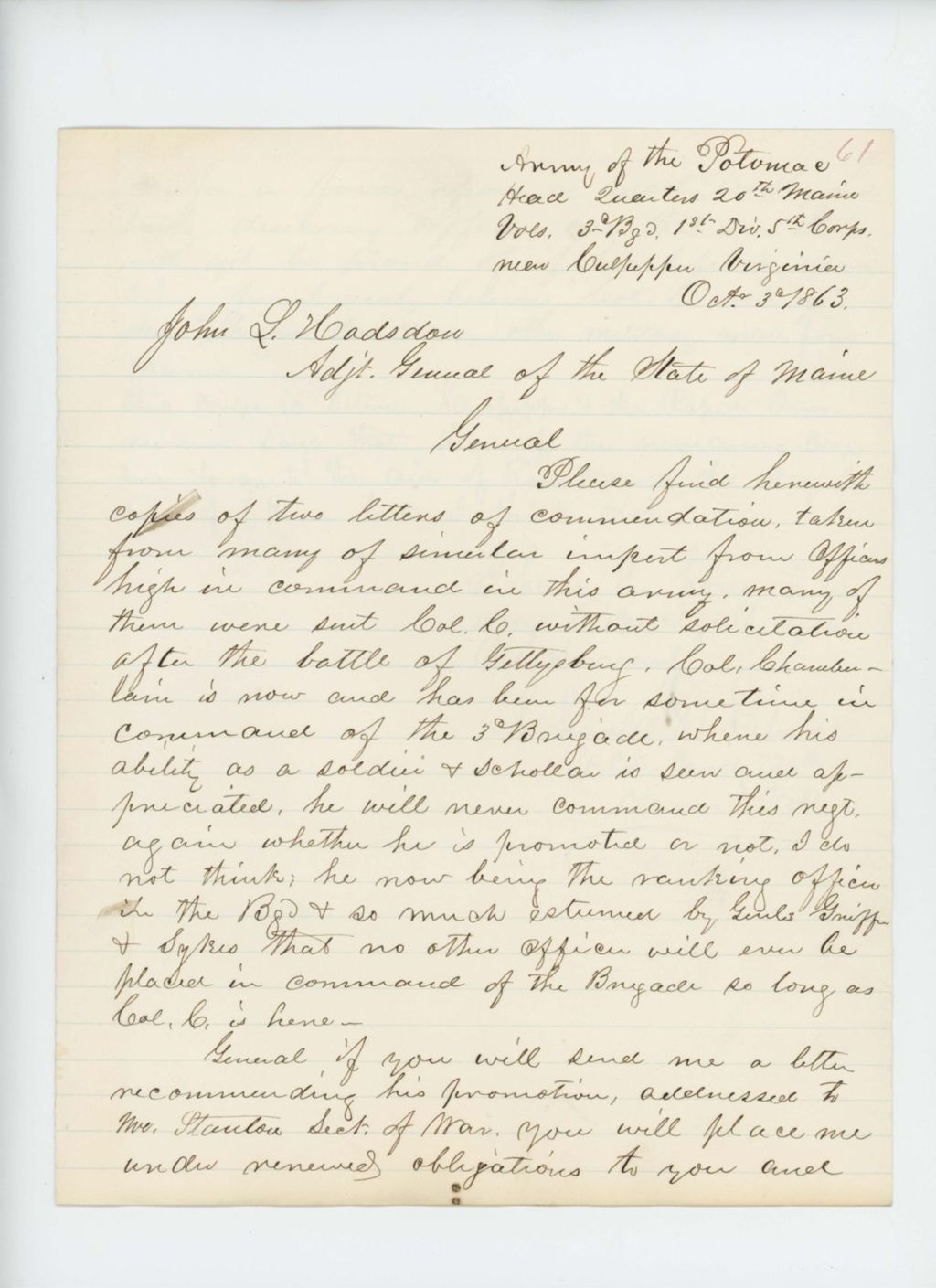 Miniature of Lieutenant Colonel Gilmore encloses letters of commendation for Joshua Chamberlain
