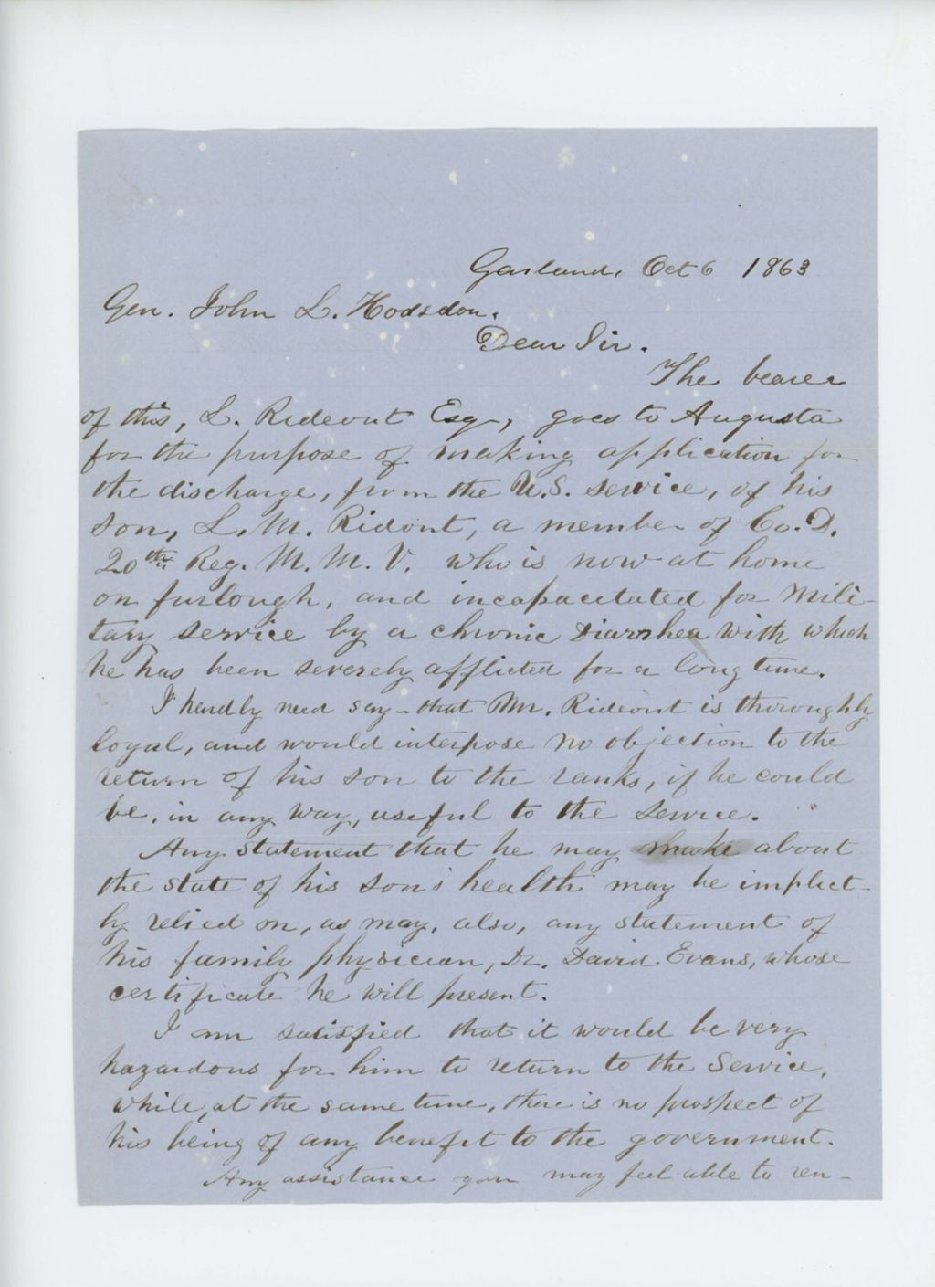 Miniature of Lyndon Oak requests a discharge for L.M Rideout, who is incapacitated by illness
