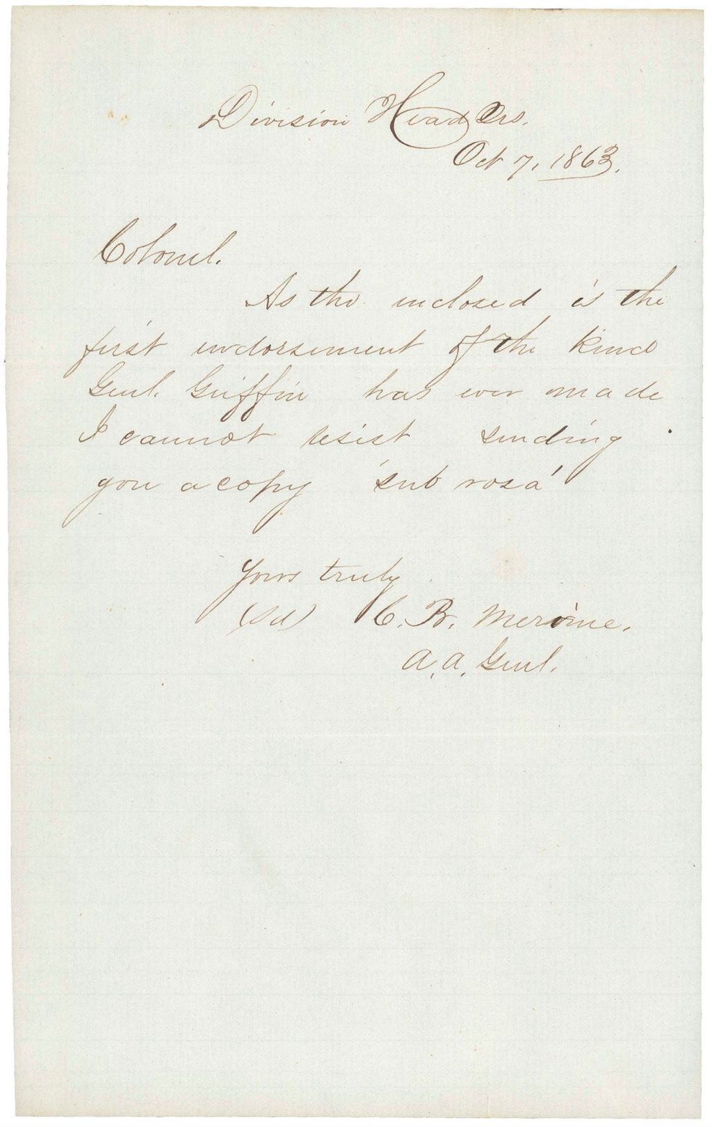 Miniature of Brigadier General Charles Griffin to General Seth Williams recommending promotion of Chamberlain