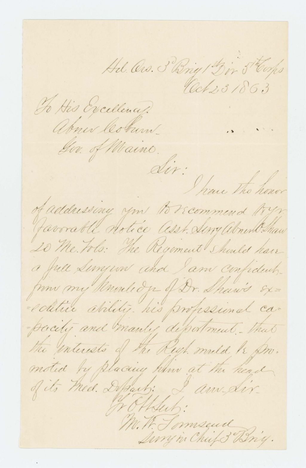 Miniature of M.W. Townsend recommends Assistant Surgeon Abner Shaw for promotion