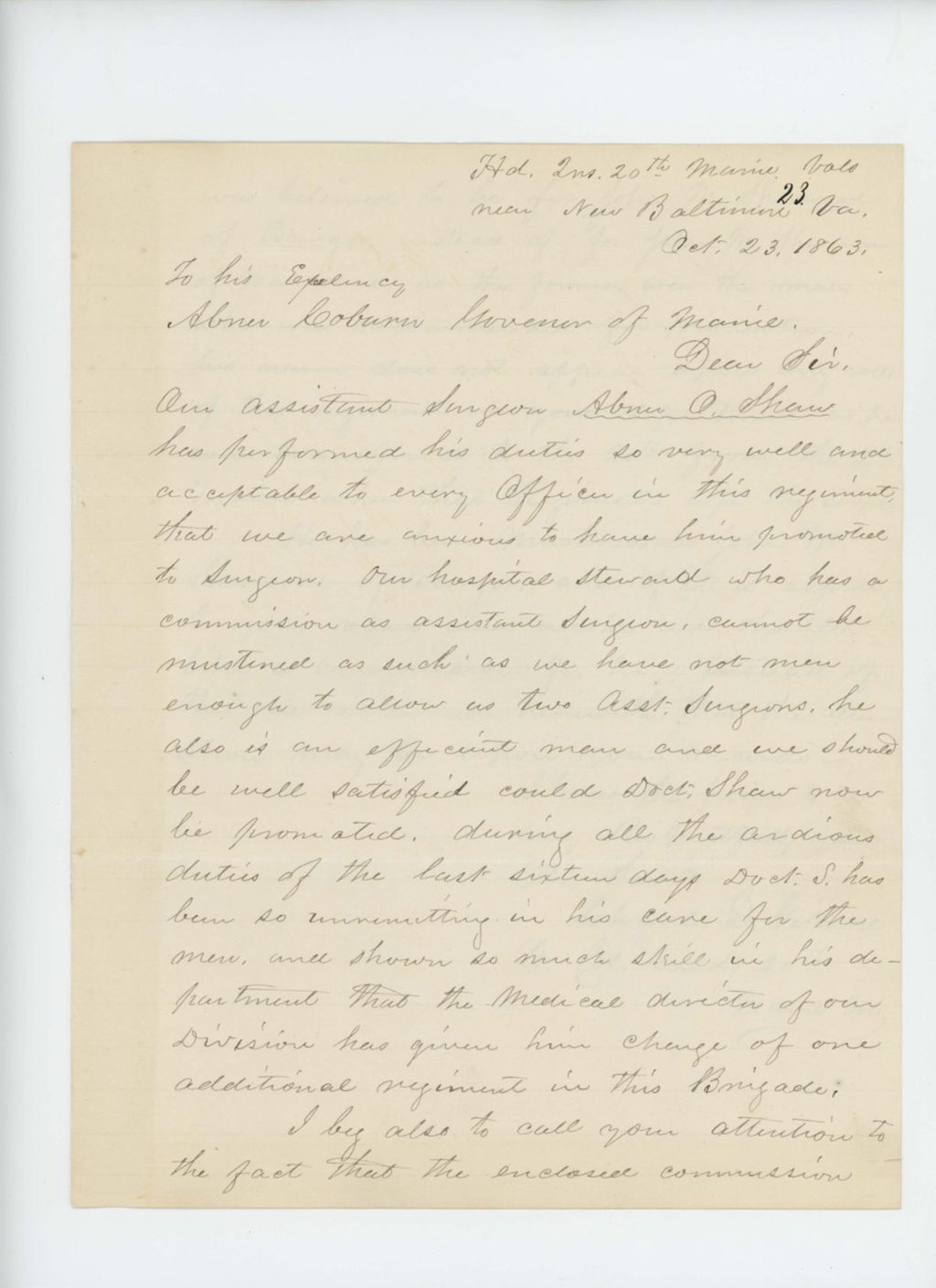 Miniature of Lieutenant Colonel Charles Gilmore requests promotion of assistant surgeon Abner O. Shaw
