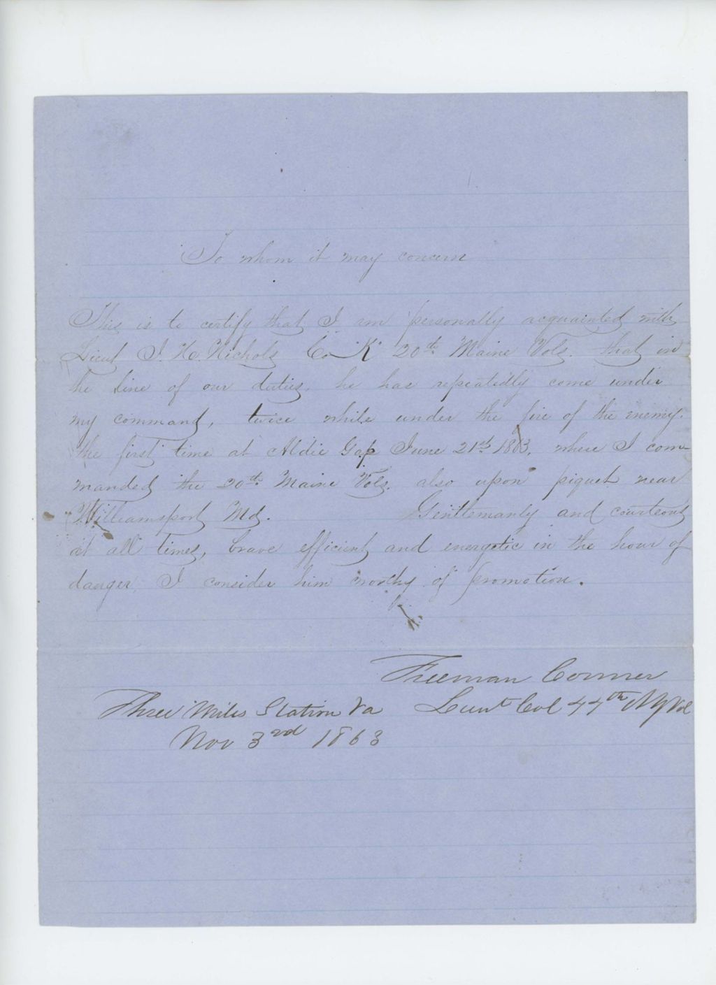 Miniature of Freeman Conner, Lieutenant Colonel 44th NY, recommends Lieutenant Nichols for promotion