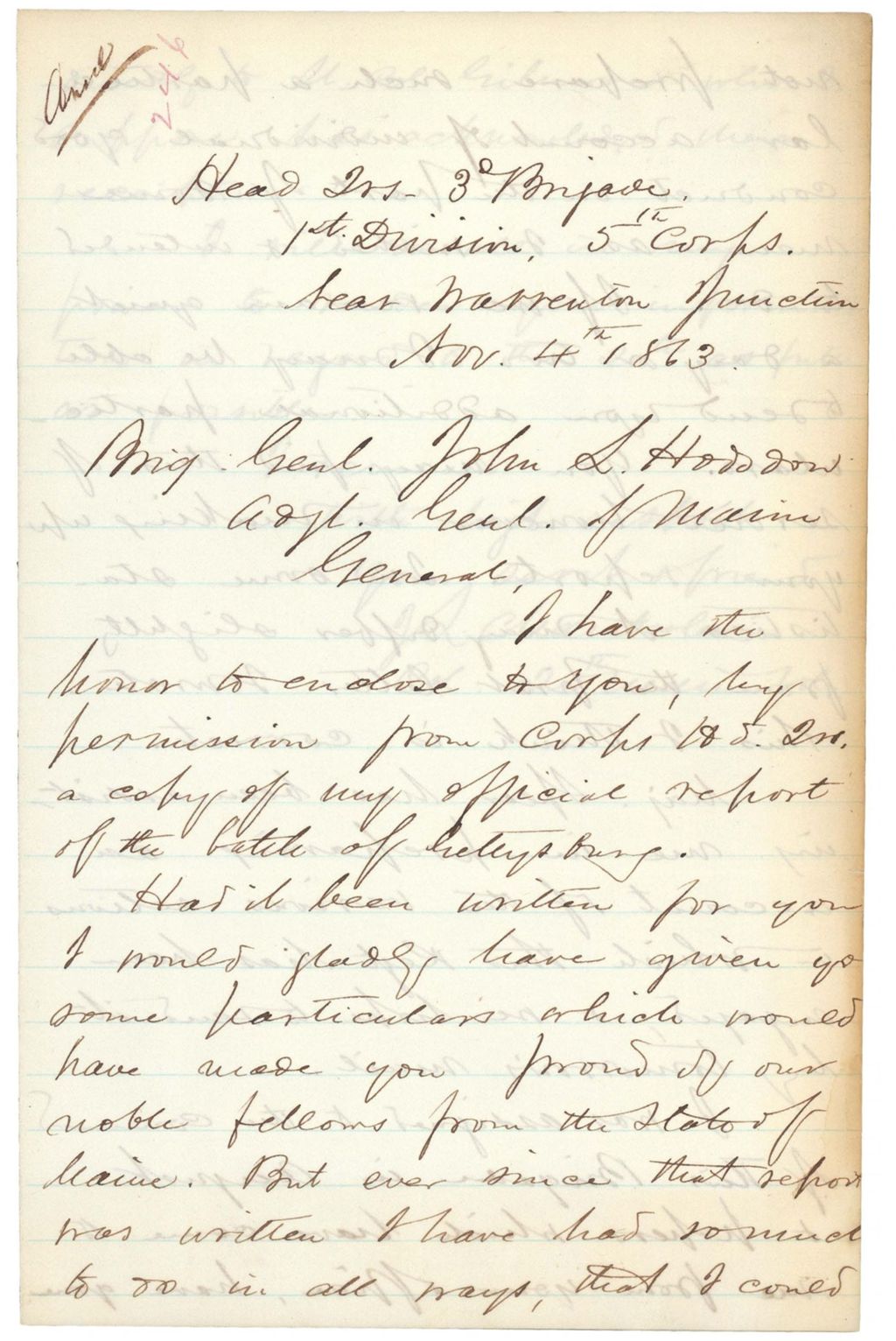 Miniature of Chamberlain sends a copy of his official Gettysburg battle report to Adjutant General Hodsdon