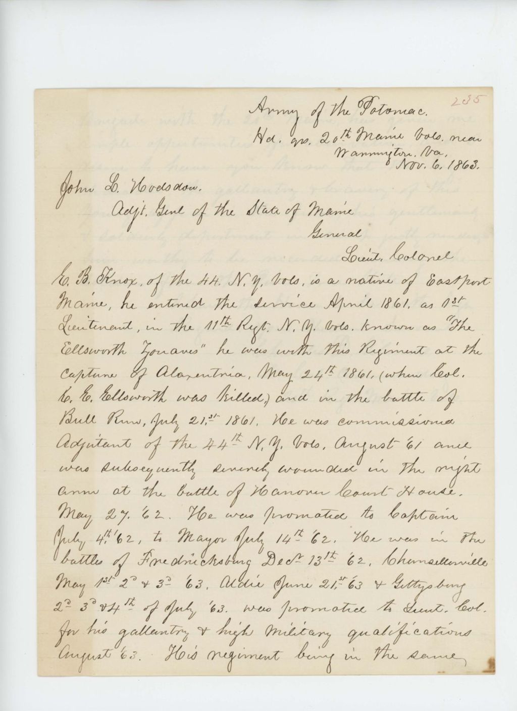 Miniature of Colonel Gilmore writes Adjutant General Hodsdon, praising Lieutenant Colonel E.B. Knox of the 44th NY Volunteers