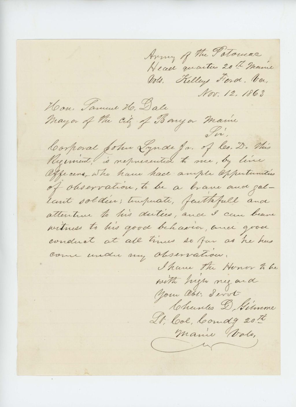 Miniature of Lieutenant Colonel Charles Gilmore recommends Corporal John Lynde, Jr. to Samuel Dale, Mayor of Bangor