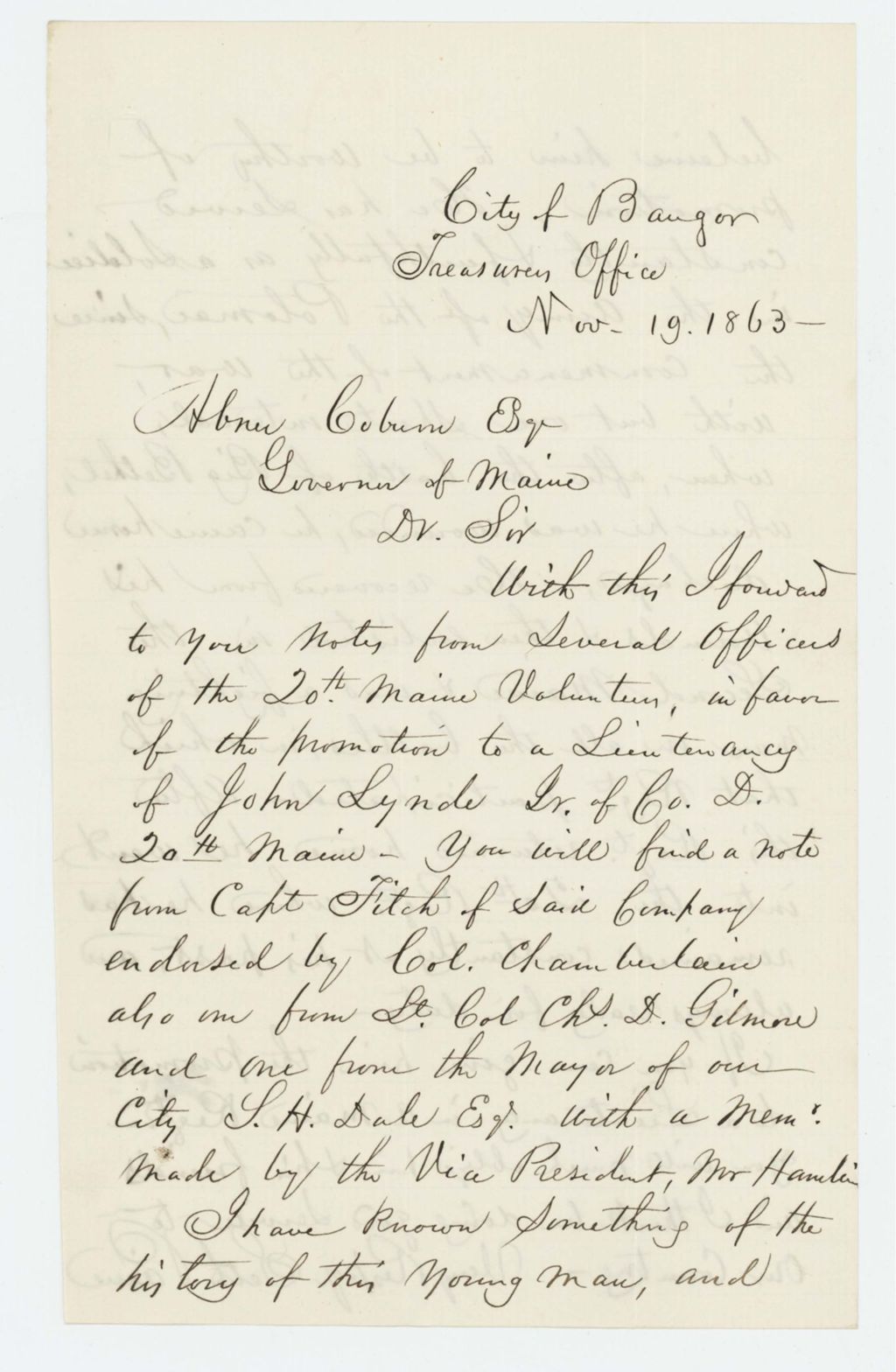 Miniature of Seth Paine recommends promotion for John Lynde, Jr. of Company D.
