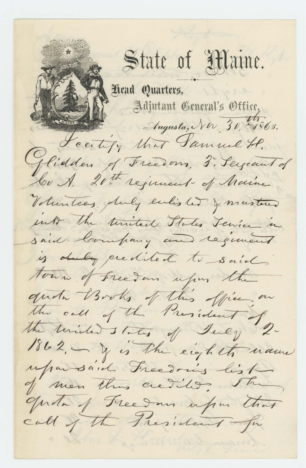 Miniature of Adjutant General Hodsdon certifies enlistment of Samuel H. Glidden and others