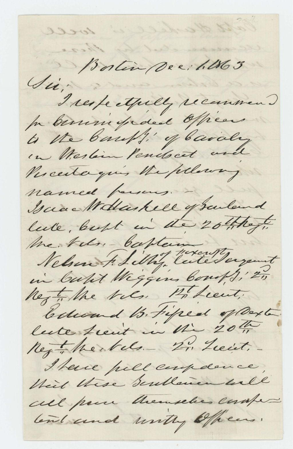 Miniature of John H. Rice recommends Isaac Haskell, Nelson Libby, Edward [Fifield ?] for cavalry positions