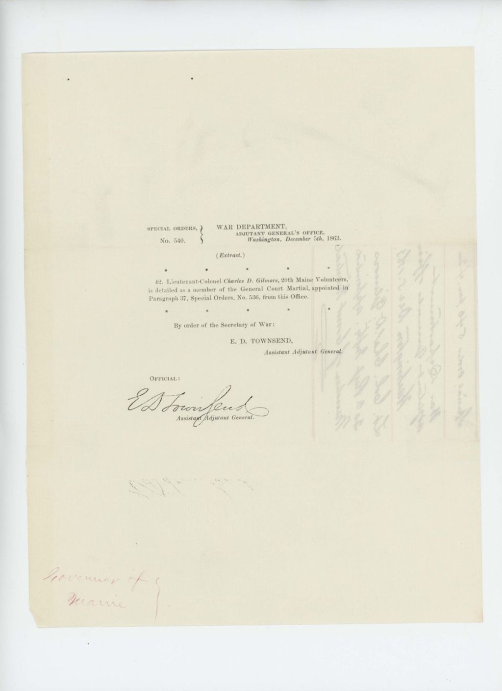 Miniature of Special Order 540 appointing Charles Gilmore as member of General Court Martial