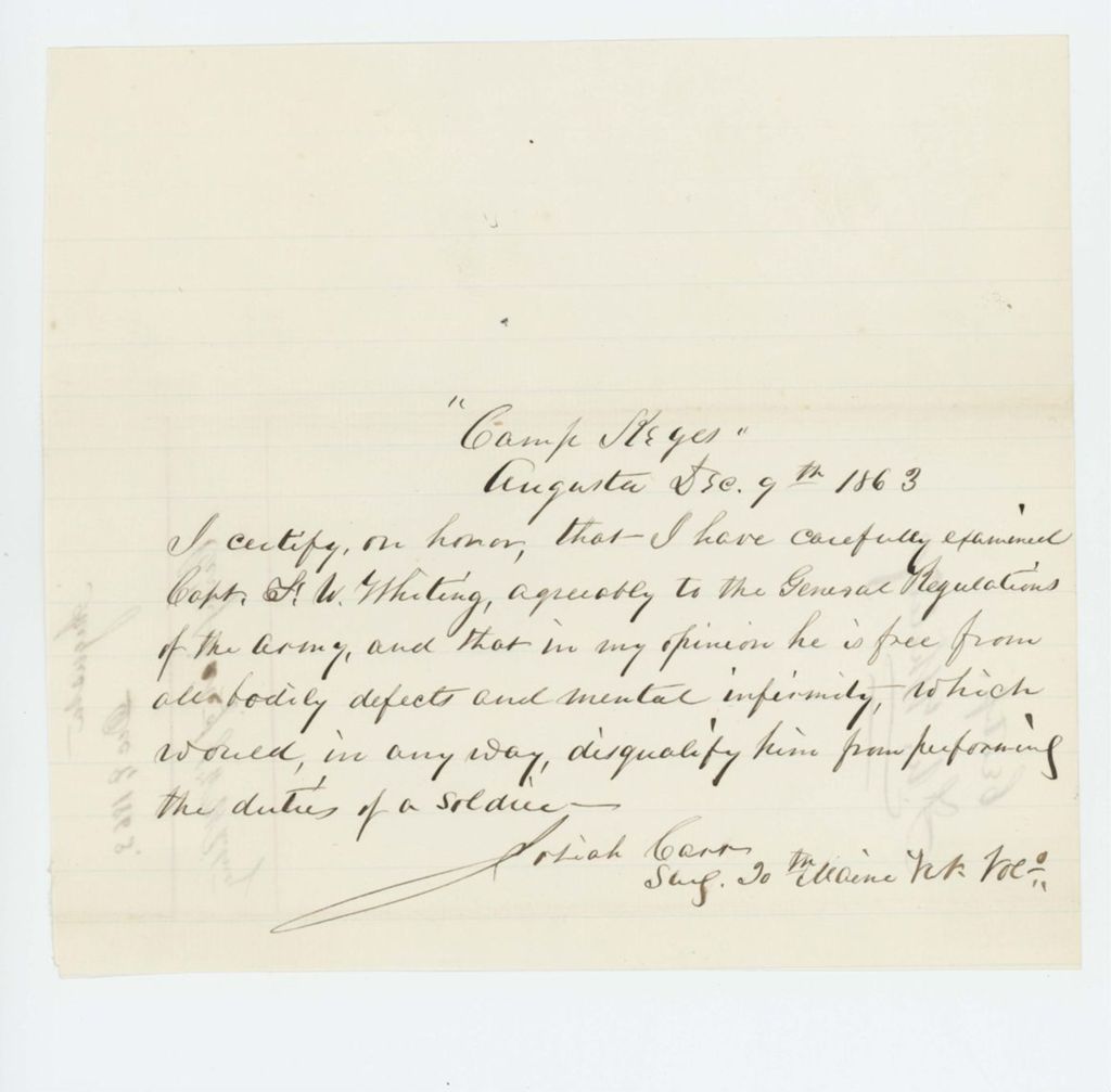 Miniature of Josiah Carr certifies Captain F. W. Whiting's fitness for duty