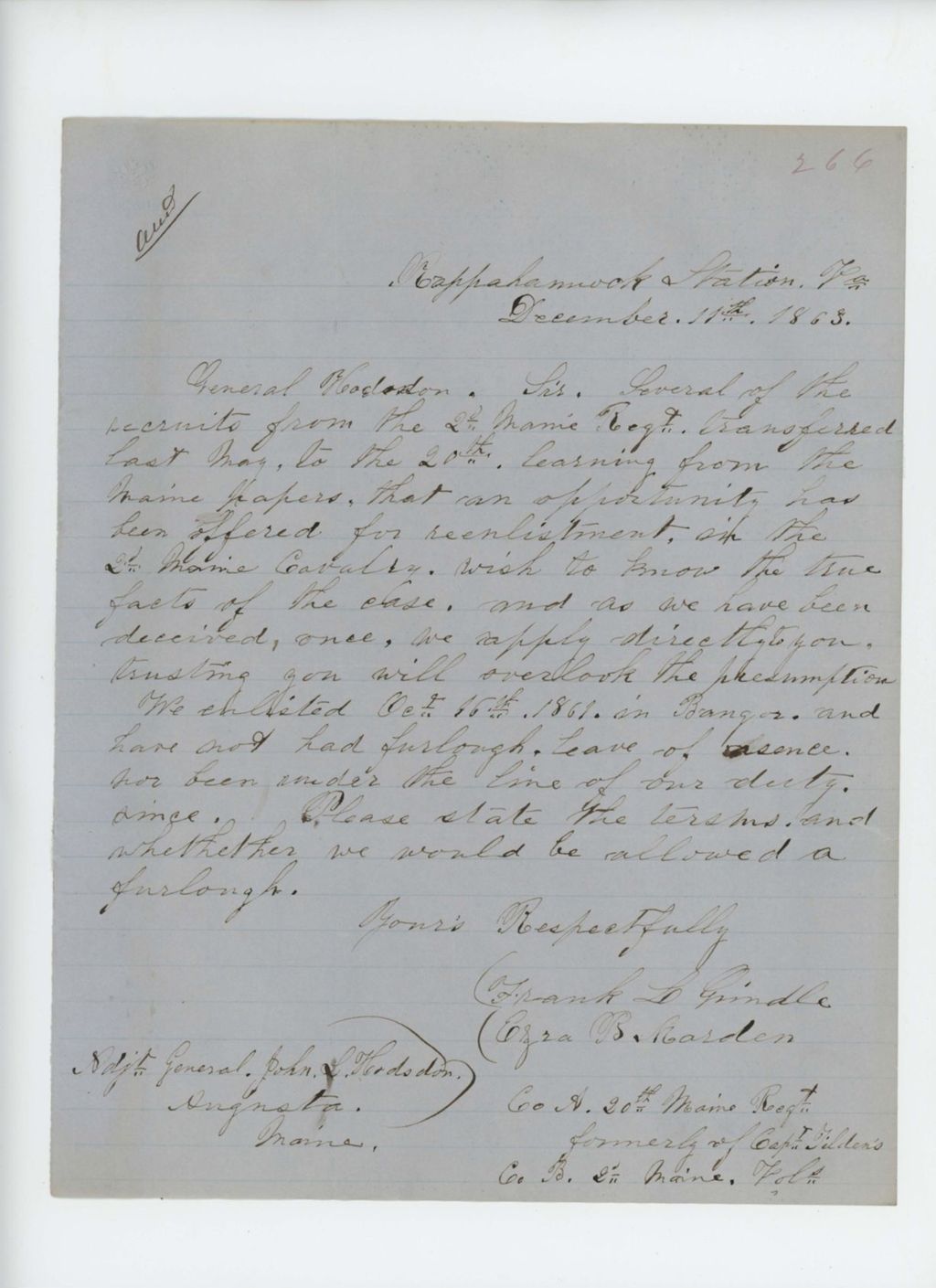 Miniature of Frank L. Grindle and Ezra B. Harden inquire about re-enlistment and furlough
