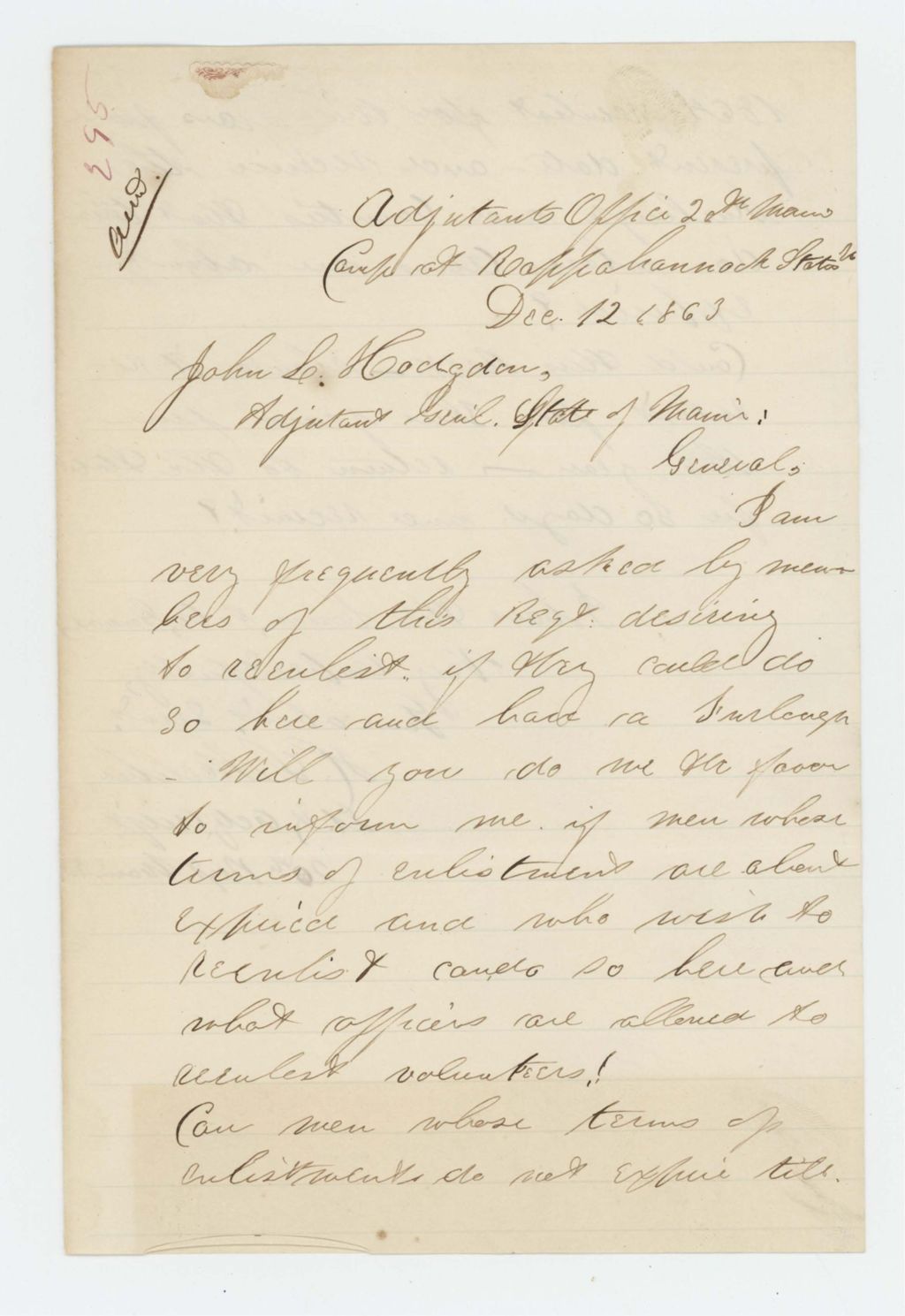 Miniature of Lieutenant Melcher inquires about re-enlistments and furloughs