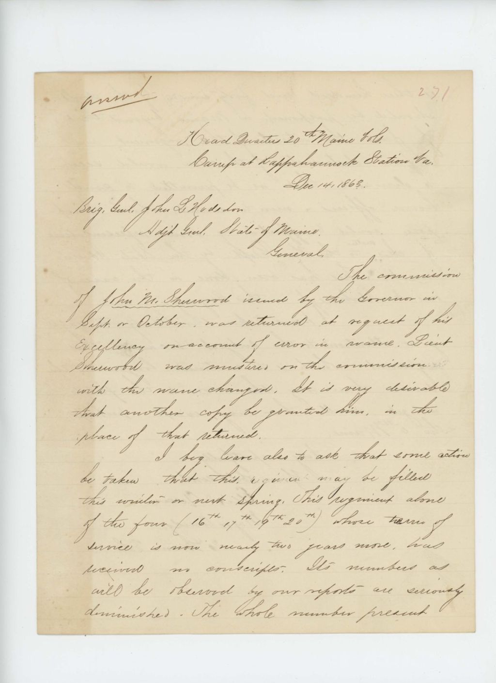 Miniature of Major Ellis Spear requests correction to the commission of John M. Sherwood