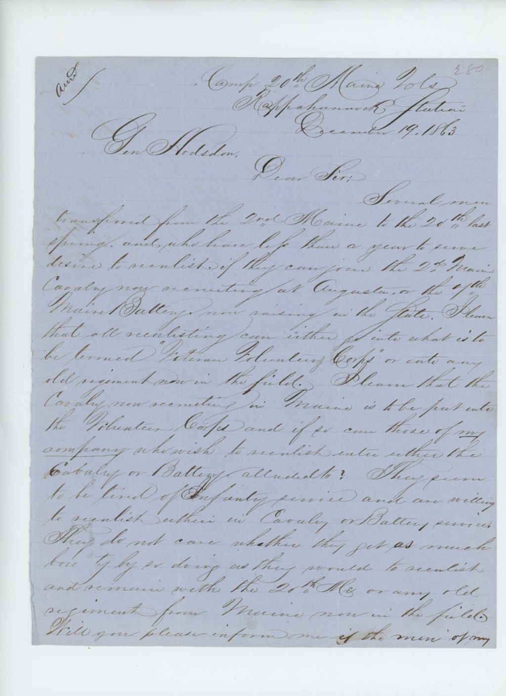 Miniature of Captain Prentiss M. Fogler inquires about men re-enlisting in the 2nd Maine Cavalry or 7th Maine Battery