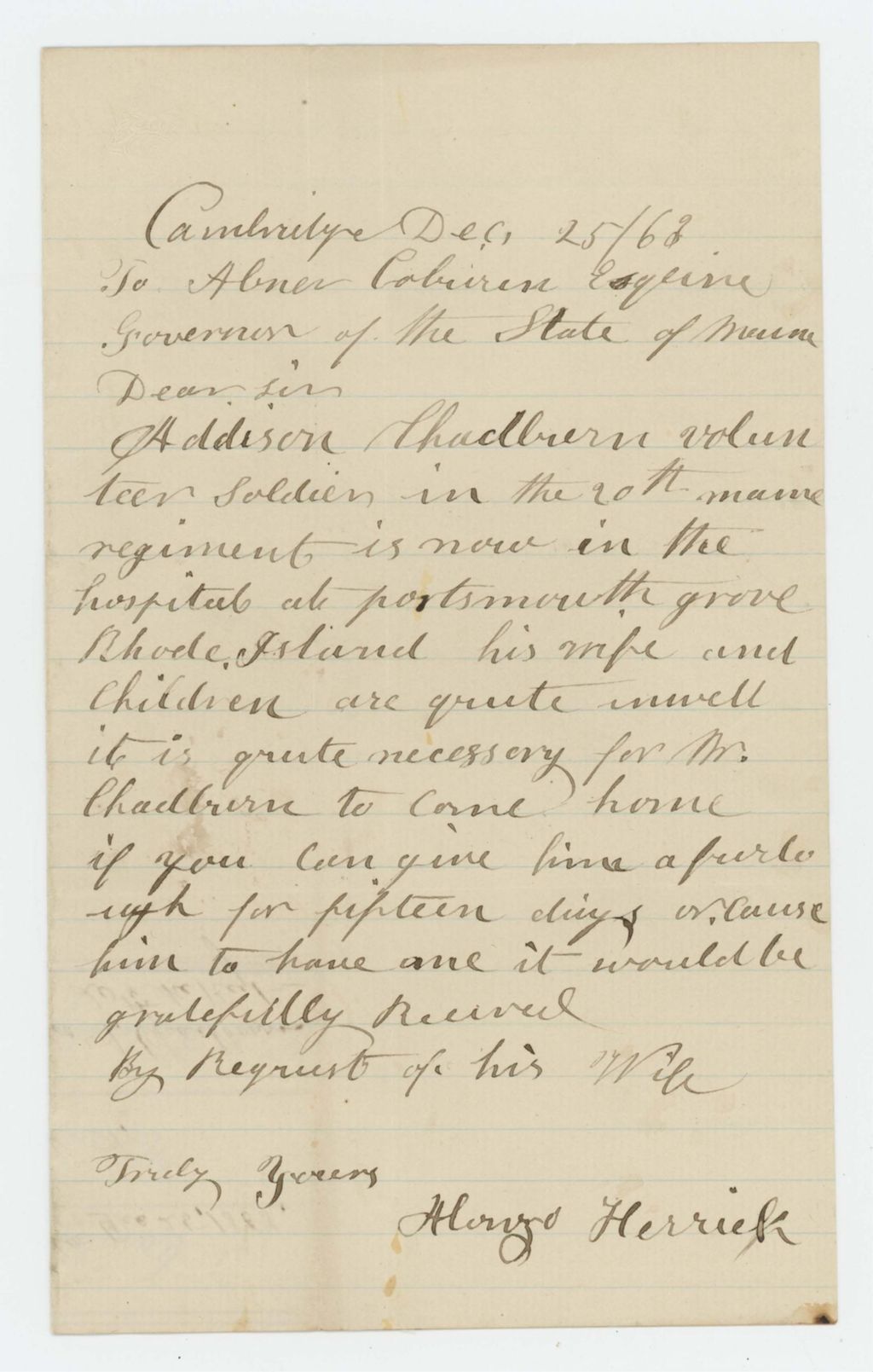 Miniature of Alonzo Herrick requests a furlough for Addison Chadbourn