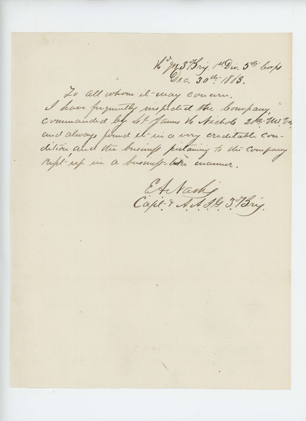 Miniature of Captain E.A. Nash verifies condition of company commanded by Lieutenant James Nichols
