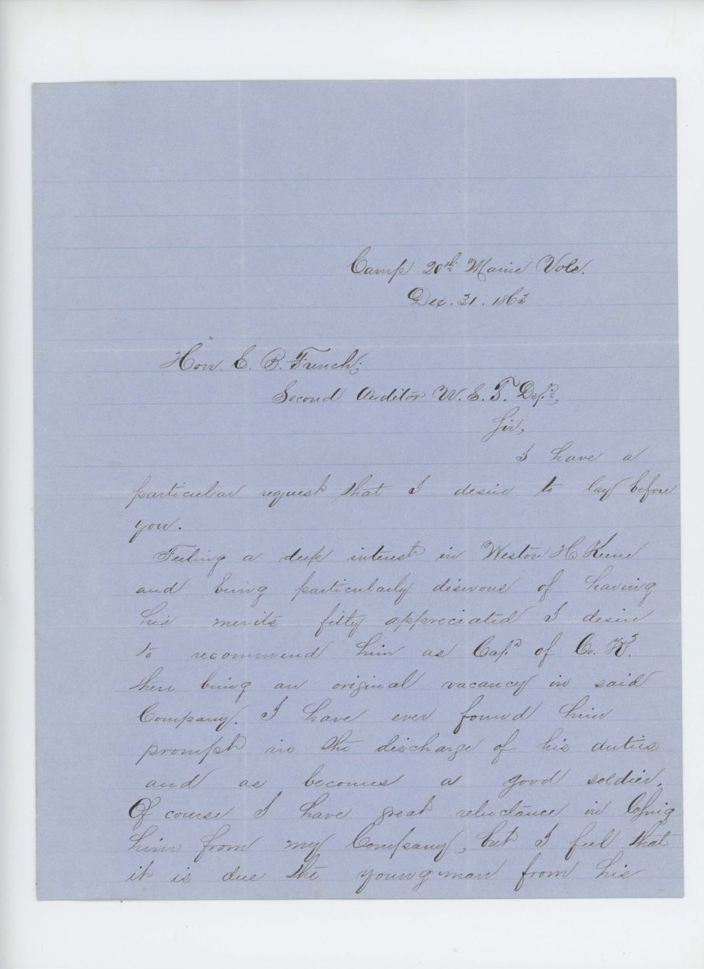 Miniature of Captain Joseph Fitch writes in favor of the promotion of Weston H. Keene