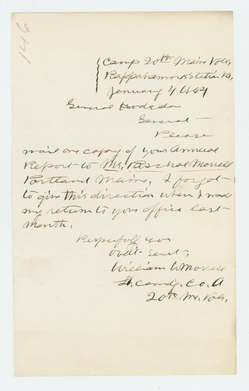 Miniature of Lieutenant William W. Morrell requests a copy of the annual report be sent to Paschal Morrell