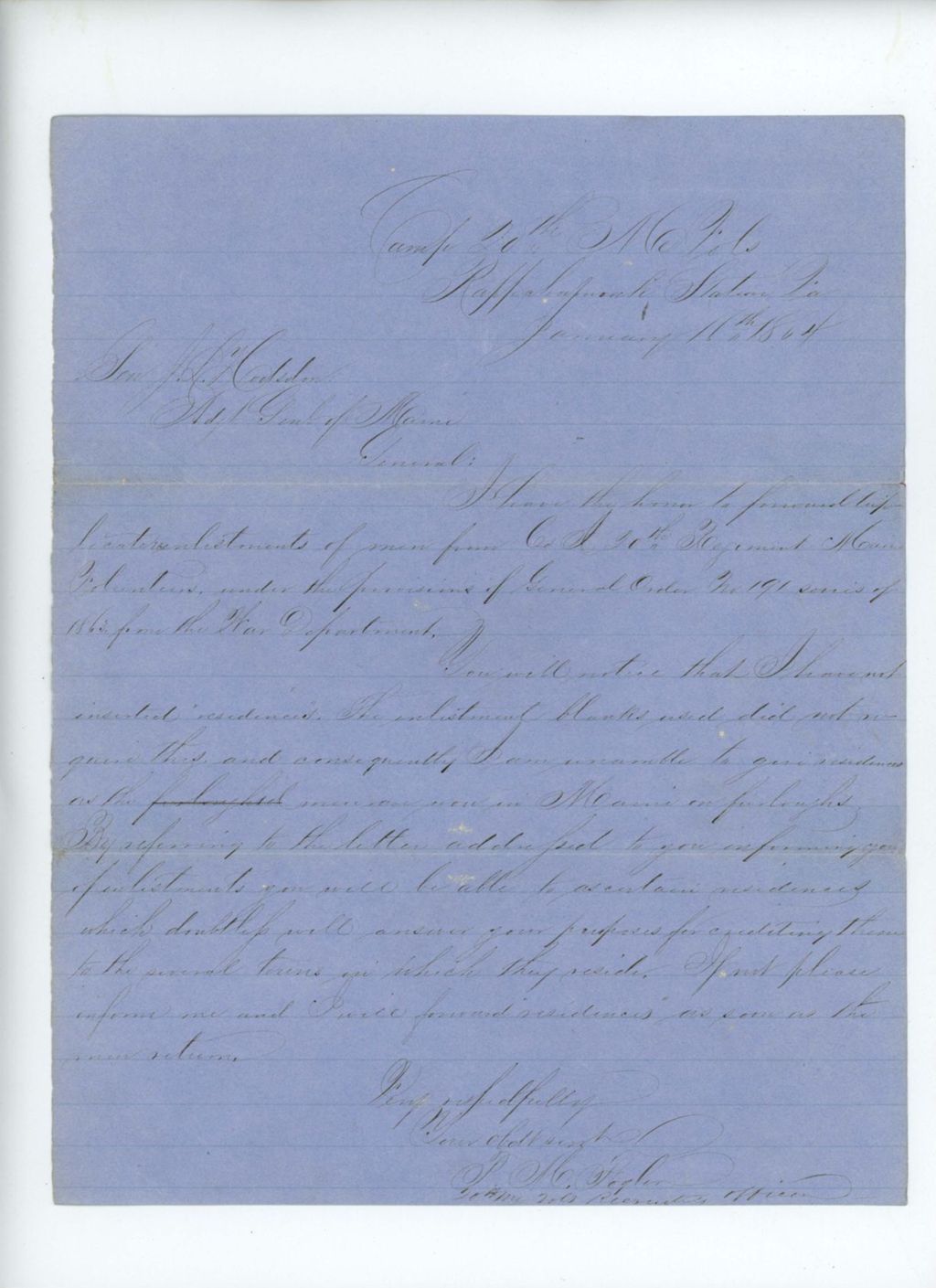 Miniature of Captain Prentiss Fogler forwards enlistments per General Order 191