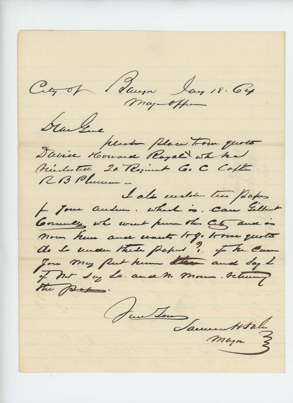 Miniature of Samuel Dale requests Daniel Howard Royal be placed in town quota and inquires about Gilbert Connelly