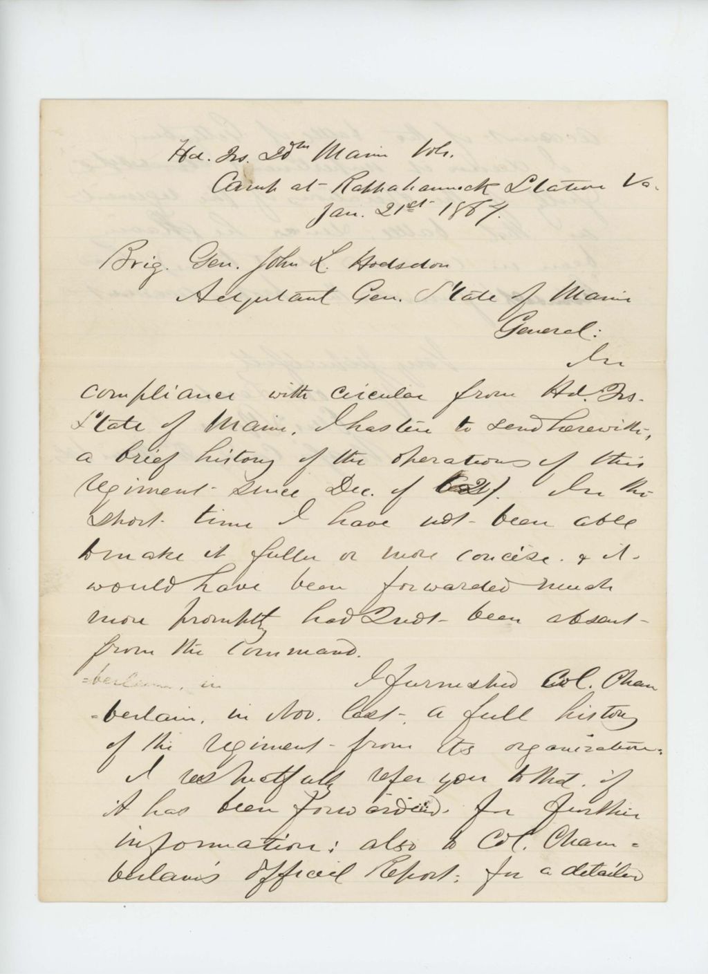 Miniature of Major Ellis Spear forwards the brief history of the regiment since December 1862