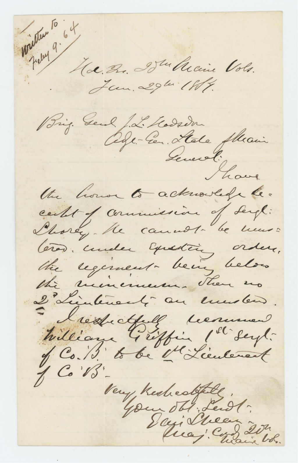 Miniature of Major Ellis Spear recommends William Griffin for promotion