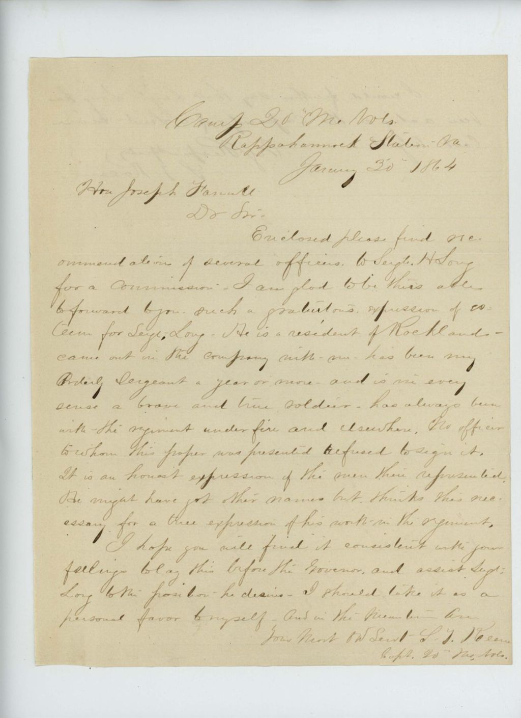 Miniature of Samuel Keene recommends Sergeant H. Long for a commission