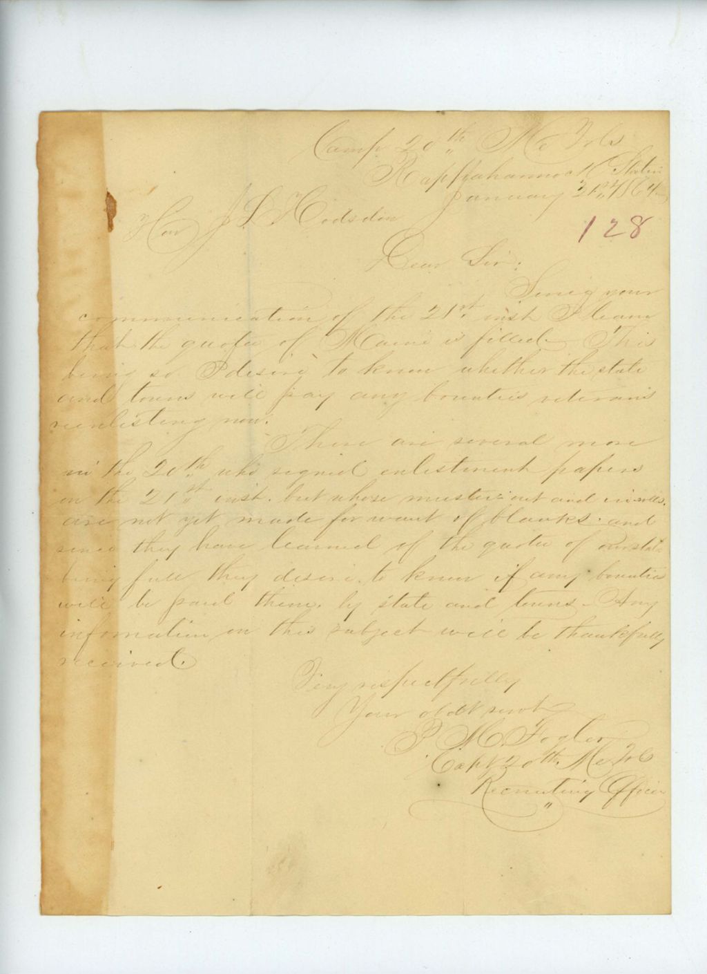 Miniature of Captain Fogler inquires whether the quota for Maine has been filled and if re-enlistment bounties will be paid