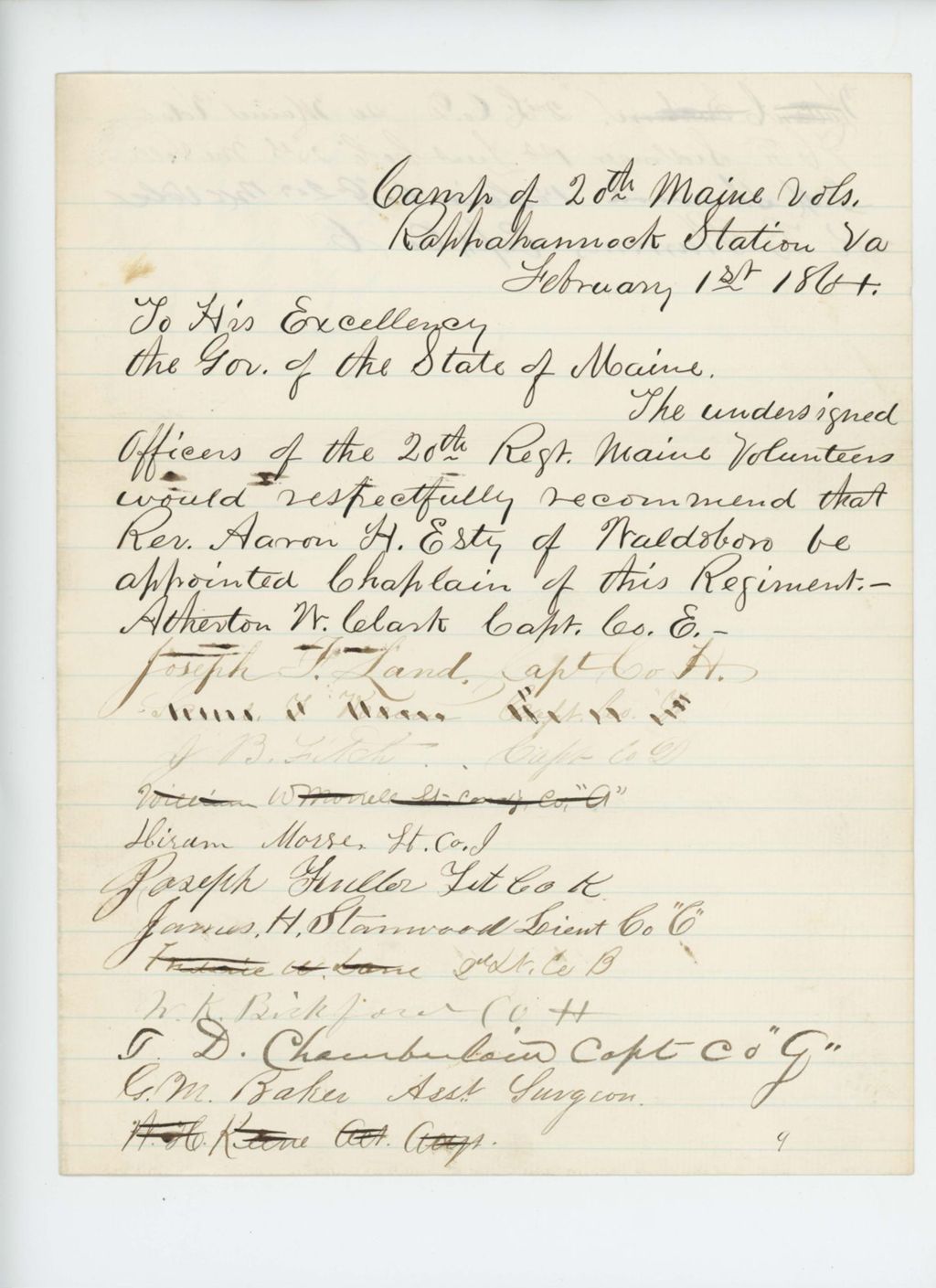 Miniature of Atherton W. Clark and other officers recommend the appointment of Reverend Aaron H. Esty as chaplain
