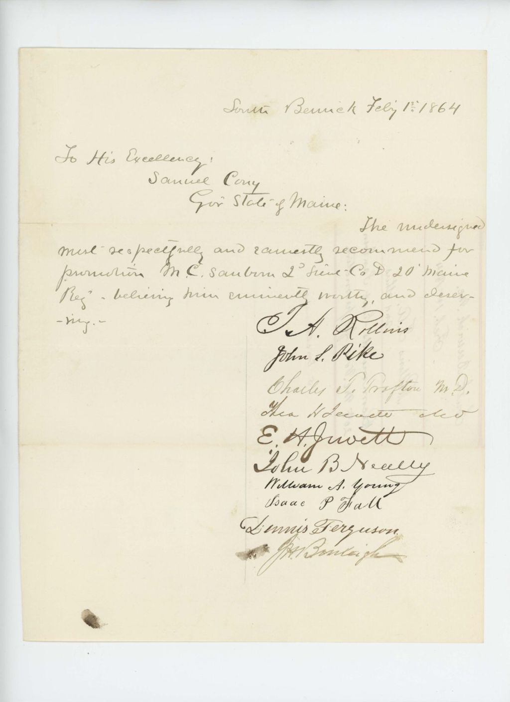 Miniature of John Pike and others recommend M.C. Sanborn for promotion