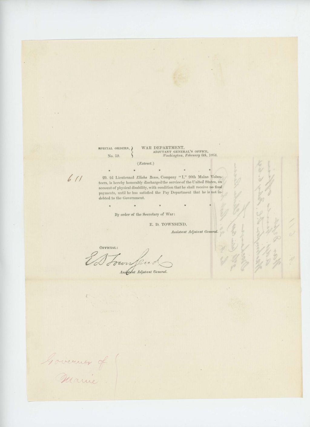 Miniature of Special Order 59 honorably discharging 2nd Lieutenant Elisha Besse from service for physical disability