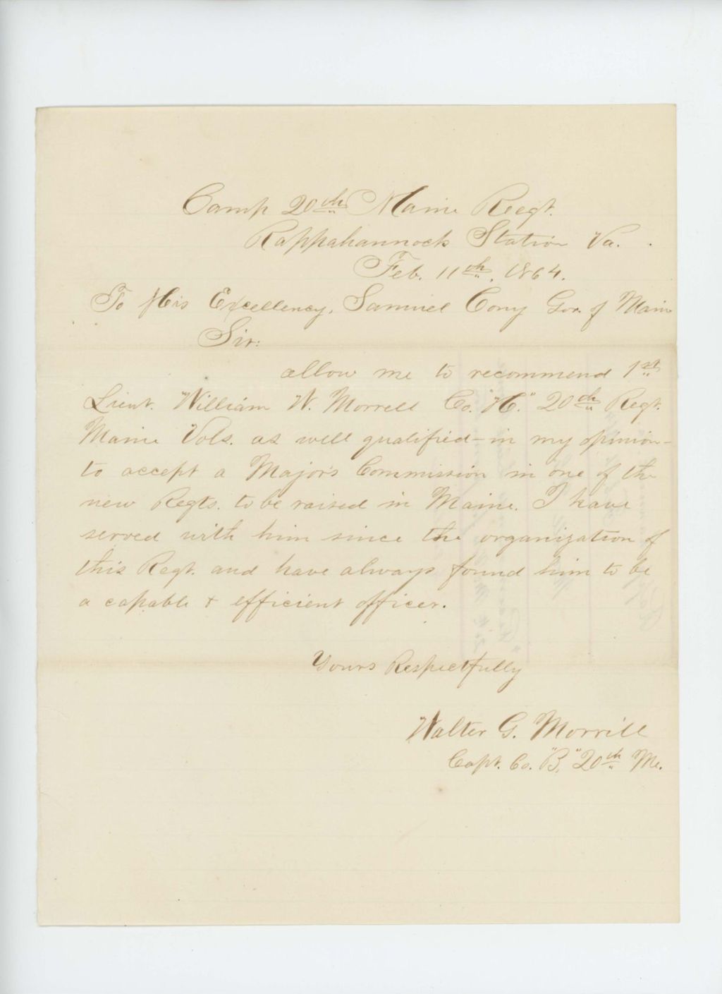 Miniature of Captain Walter G. Morrill recommends Lieutenant William W. Morrell for Major
