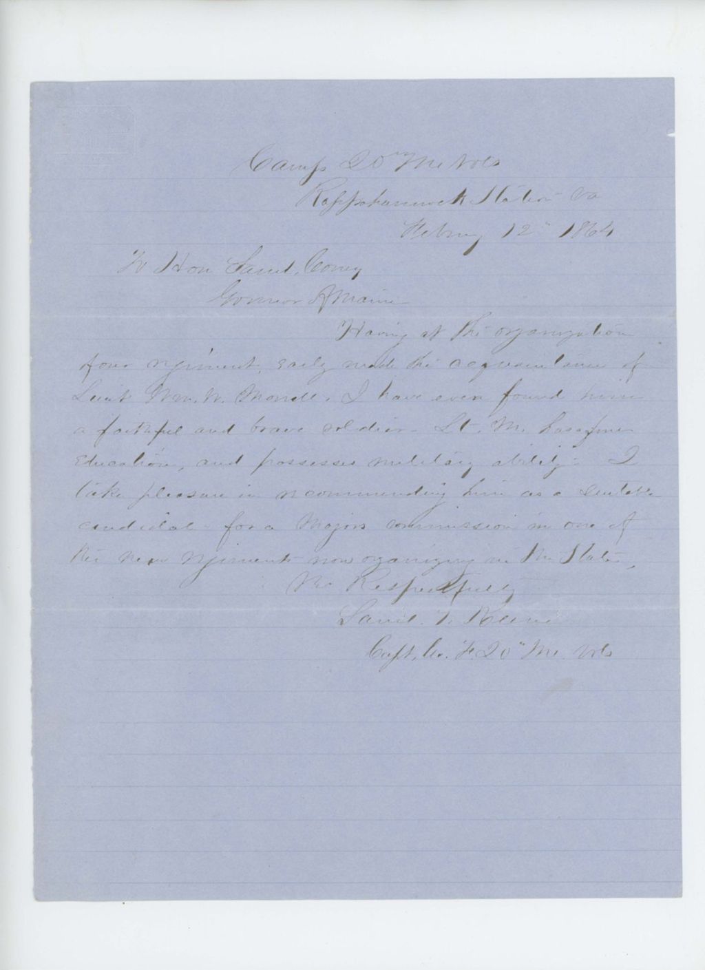 Miniature of Captain Samuel Keene recommends Lieutenant William W. Morrell for promotion