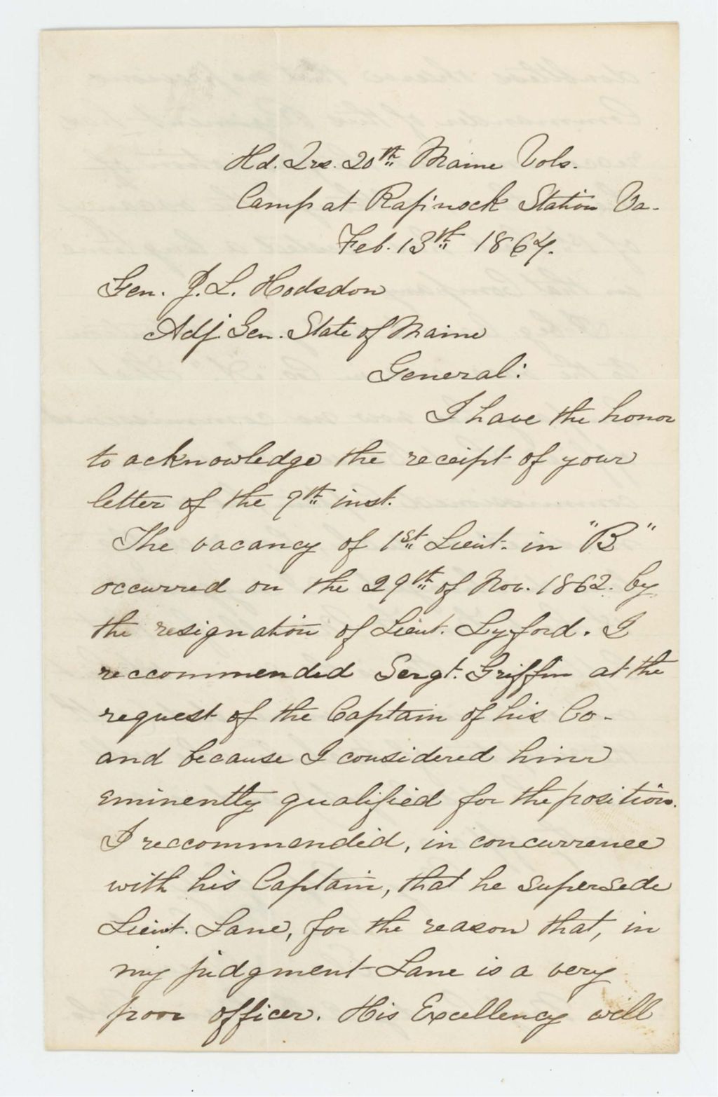 Miniature of Major Ellis Spear recommends William Griffin for 1st Lieutenant