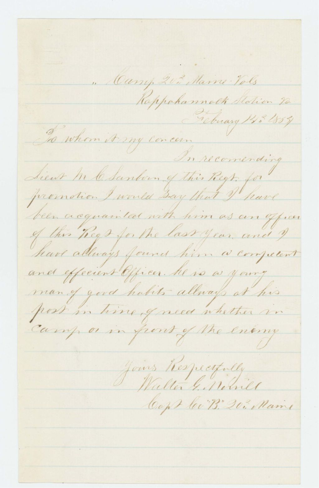 Miniature of Captain Walter G. Morrill recommends Lieutenant M. Sanborn for promotion