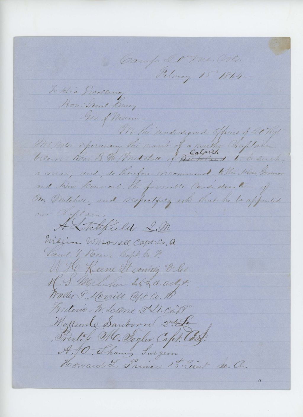 Miniature of William W. Morrell and other officers request appointment of Reverend B. Mitchell as chaplain