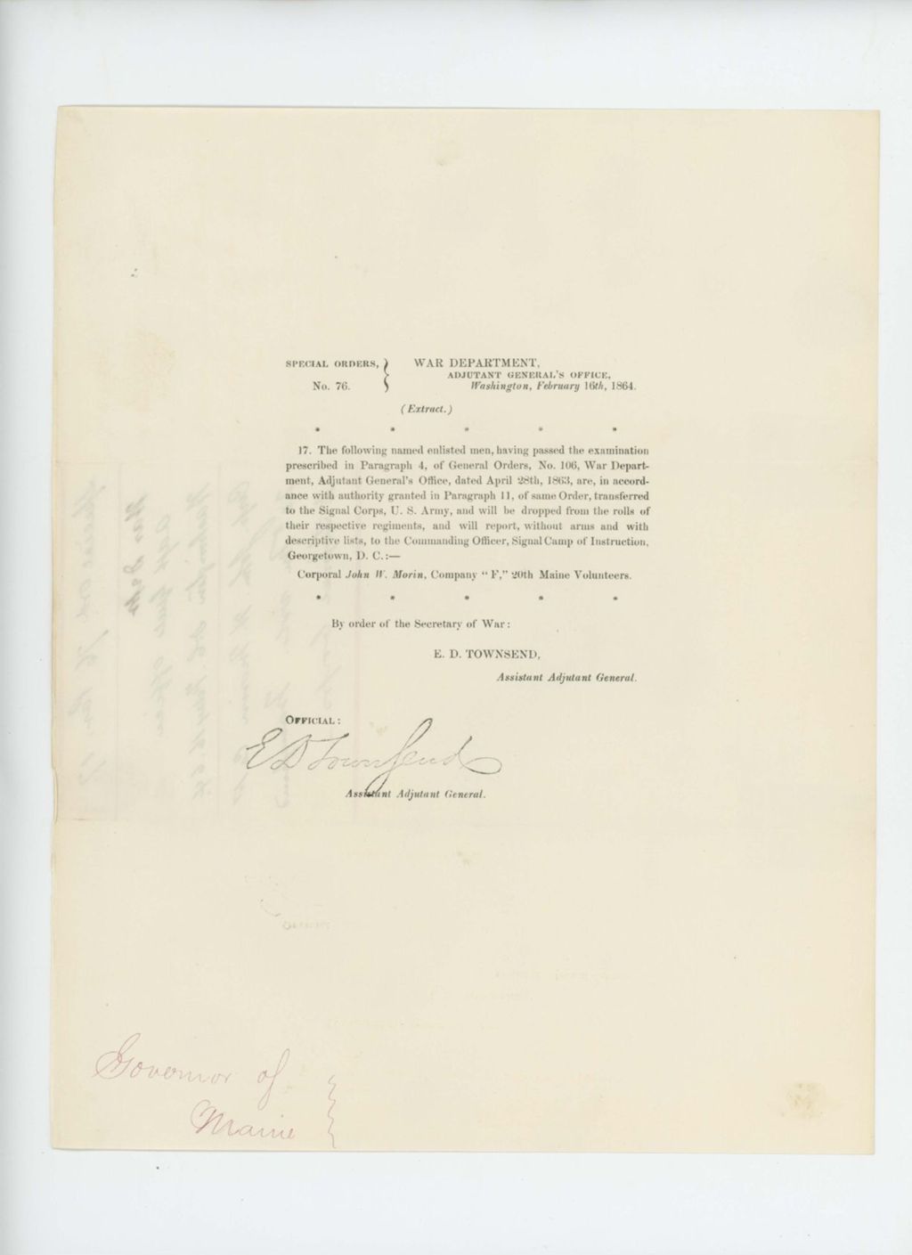 Miniature of Special Order 76 transferring Corporal John W. Morin to the US Army Signal Corps
