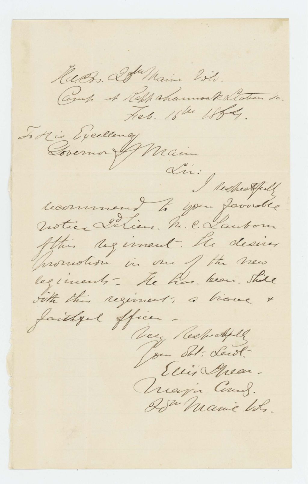 Miniature of Major Ellis Spear recommends 2nd Lieutenant M.C. Sanborn for promotion