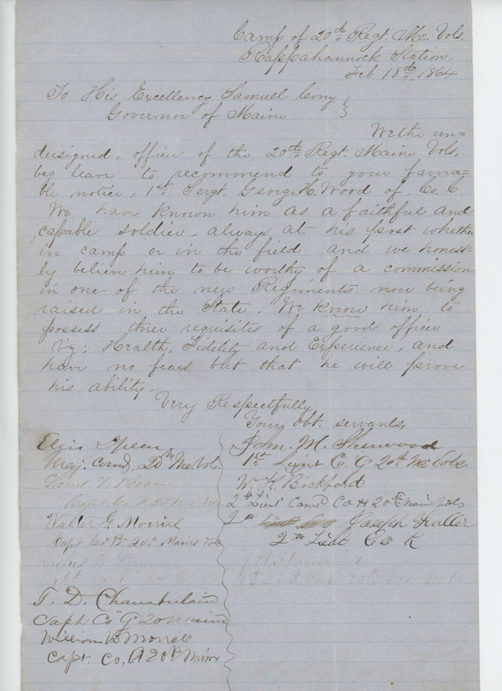 Miniature of Ellis Spear and other officers recommend Sergeant George H. Wood for commission in a new regiment