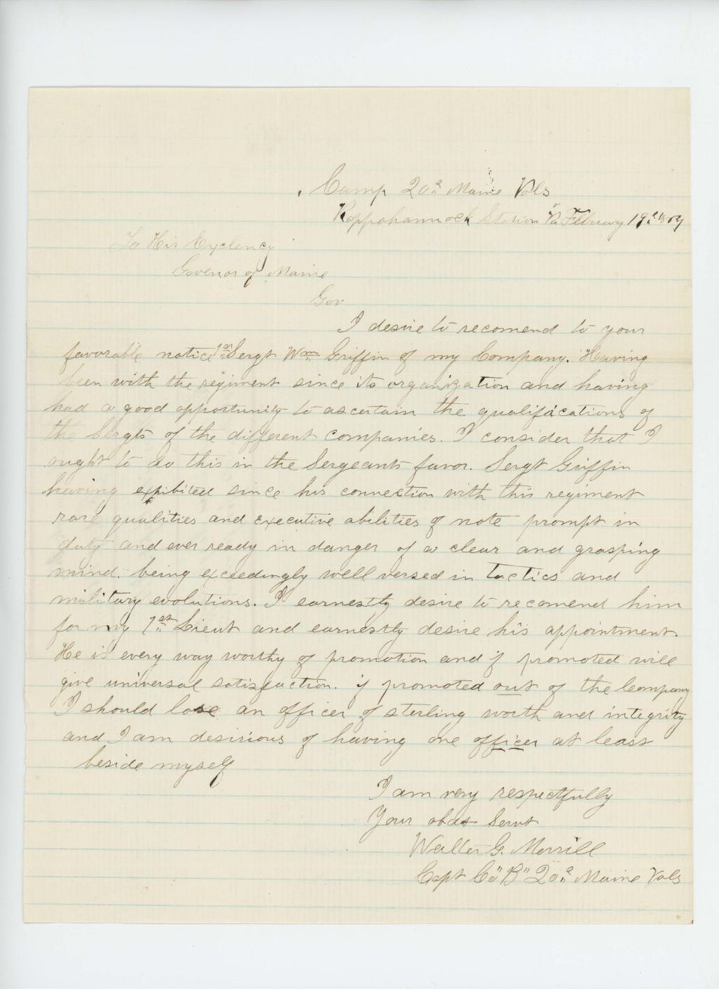 Miniature of Captain W.G. Morrill recommends Sergeant Griffin for promotion