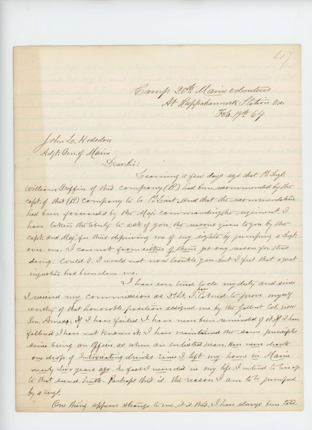 Miniature of Lieutenant Frederic W. Lane asks why William Griffin was recommended for promotion instead of himself