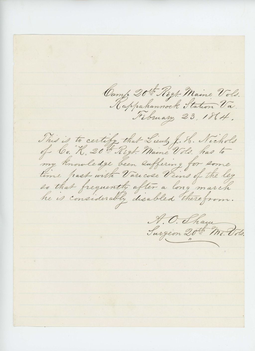 Miniature of Surgeon A.O. Shaw certifies that Lieutenant J. Nichols of Company K is disabled by varicose veins