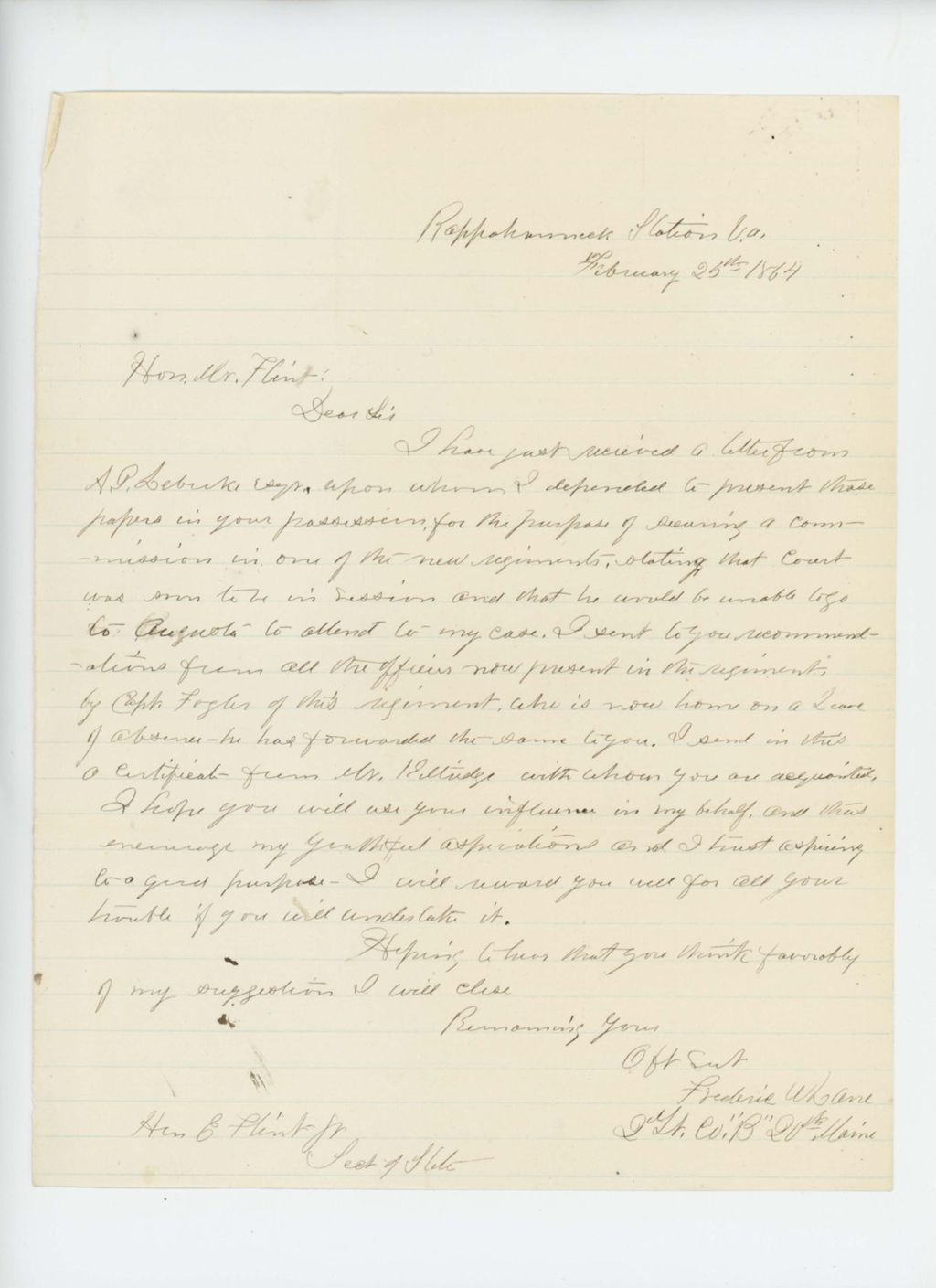 Miniature of Frederic Lane writes Secretary of State E. Flint, Jr. to request commission in a new regiment