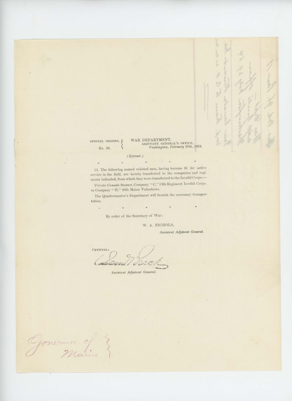 Miniature of Special Order 96 transferring Private Canada Stewart from 13th Invalid Corps to 20th Maine