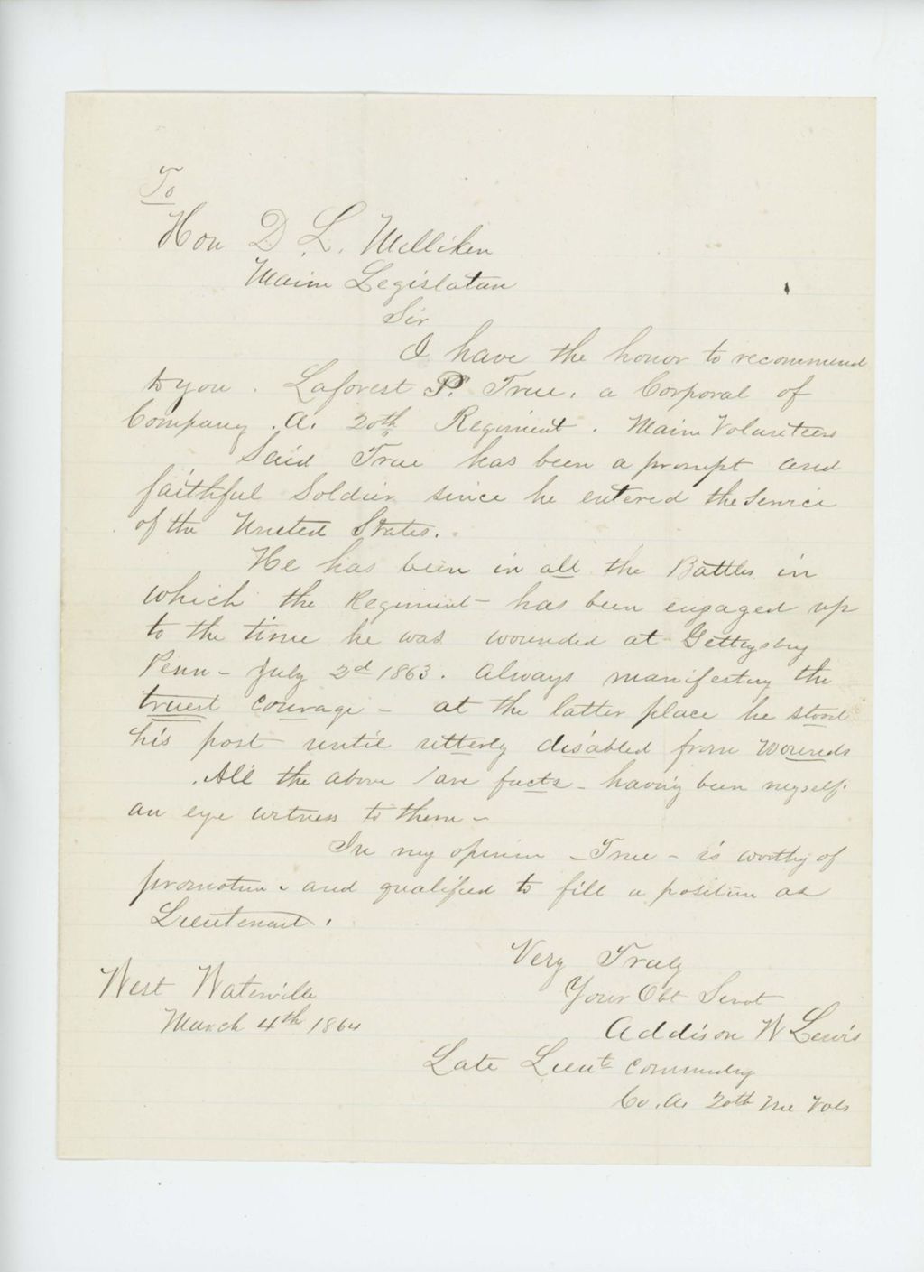 Miniature of Lieutenant Addison W. Lewis recommends LaForest P. True for promotion